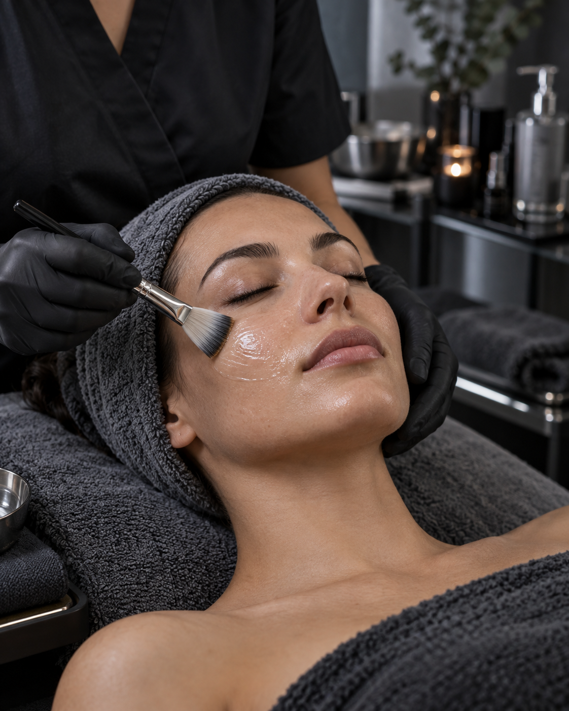 Imagen editorial de una limpieza facial con aplicación de producto
