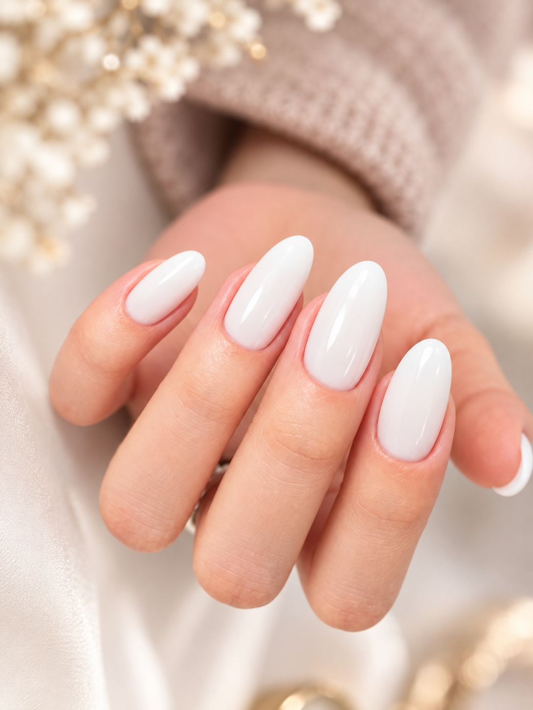 Mano con uñas blancas almendradas